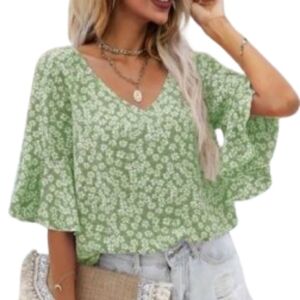 Shein Green White Floral Flare Slv Blouse Sz XL